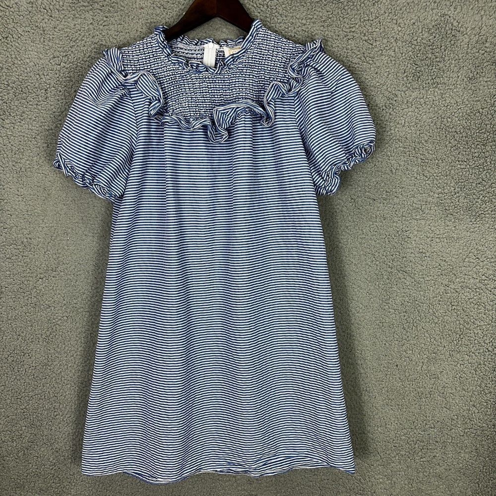 STS Sail to sable dress womens blue striped shift short ruffle nautical silk